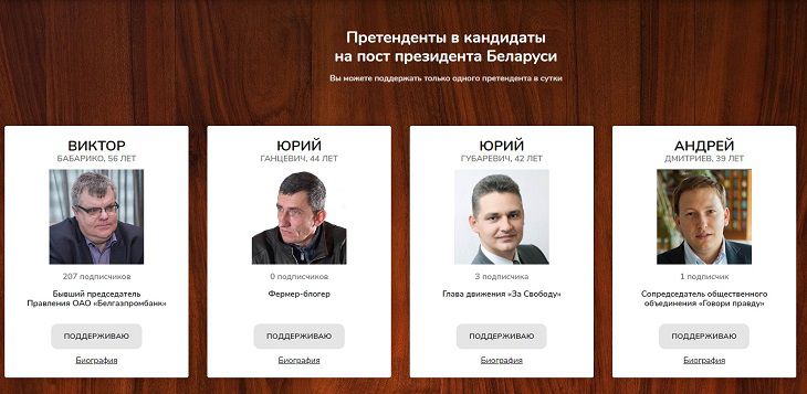 В Беларуси появился сайт для голосования за претендента в президенты