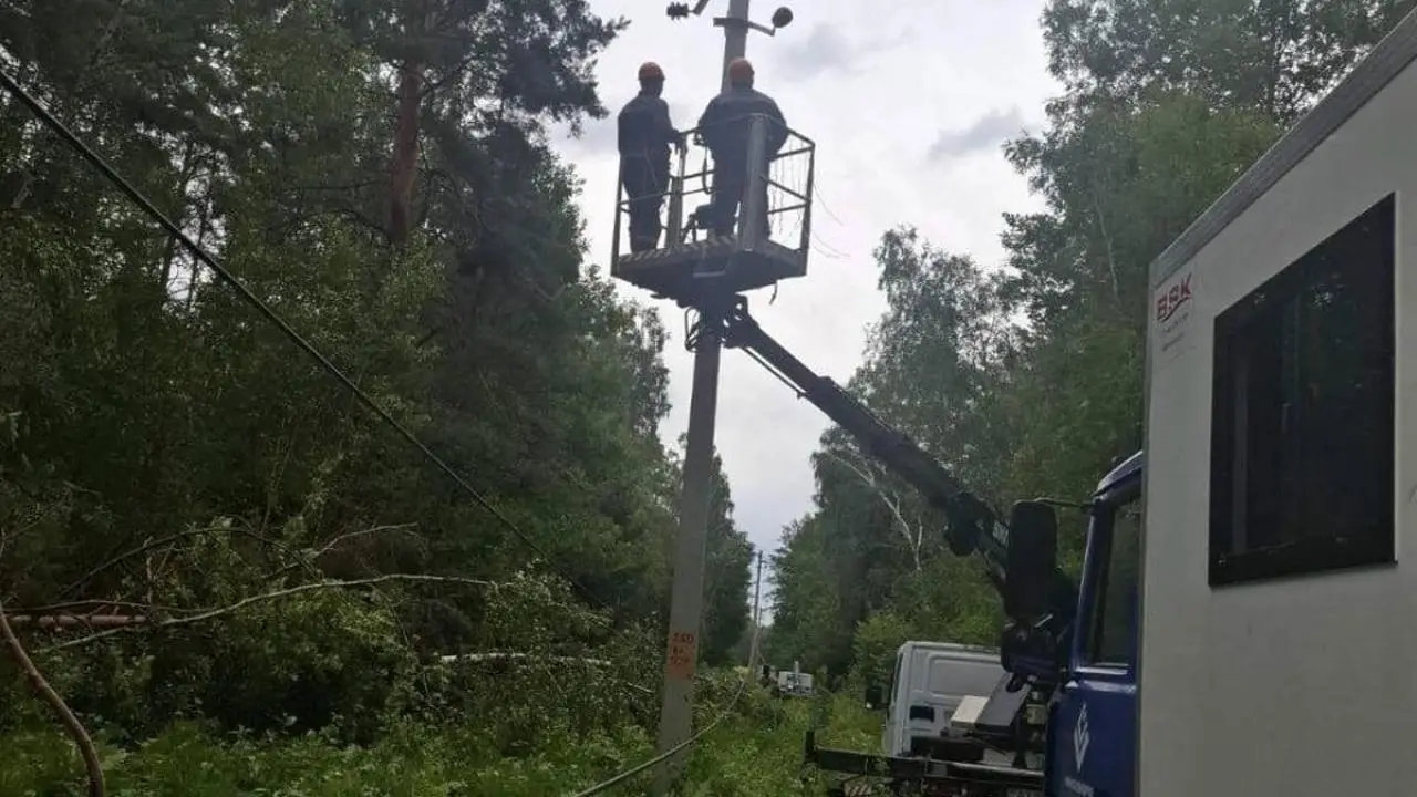 Энергетики работают в 134 населённых пунктах Минской области, оставшихся без света Энергетики у столба