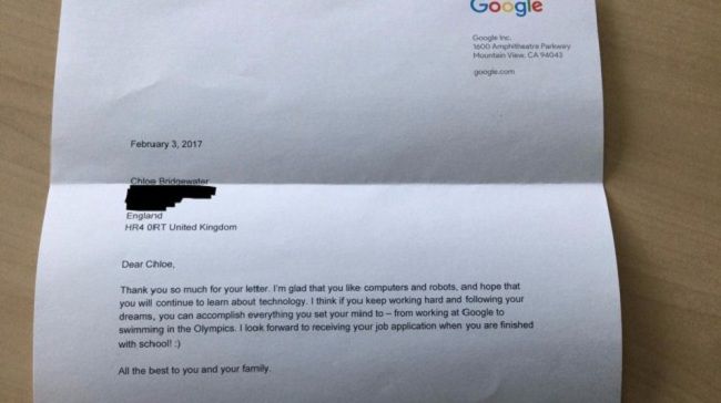 Гендиректор Google ответил на рукописное резюме 7-летней девочки