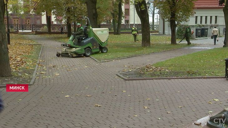 В Минске убирают опавшие листья спецкомбайнами. Вот как это выглядит 