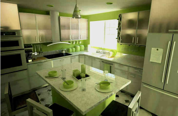Уютная кухня в светло-зеленом цвете