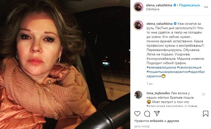 Уставшая от самоизоляции Елена Валюшкина задумалась о смене профессии