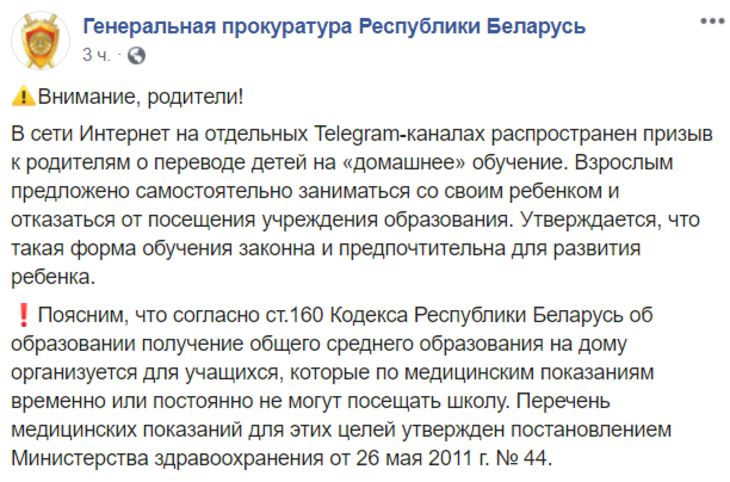 Генпрокуратура призвала белорусов не переводить детей на «домашнее» обучение