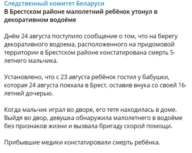 СК: мальчик утонул в декоративном водоеме в Брестской области