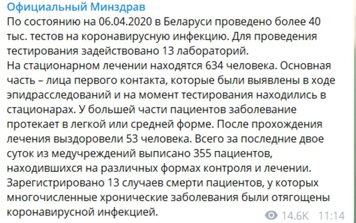 Минздрав опубликовал обновленные данные по коронавирусу в Беларуси 