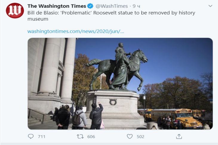 На фоне протестов в Нью-Йорке демонтируют статую президенту Рузвельту